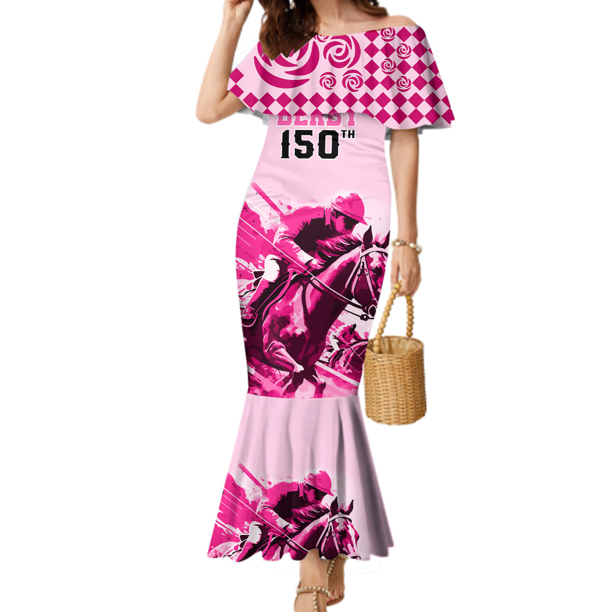 Personalised Kentucky Horse Racing Mermaid Dress 150th Anniversary Sporting Art Pink Version - Wonder Print Shop