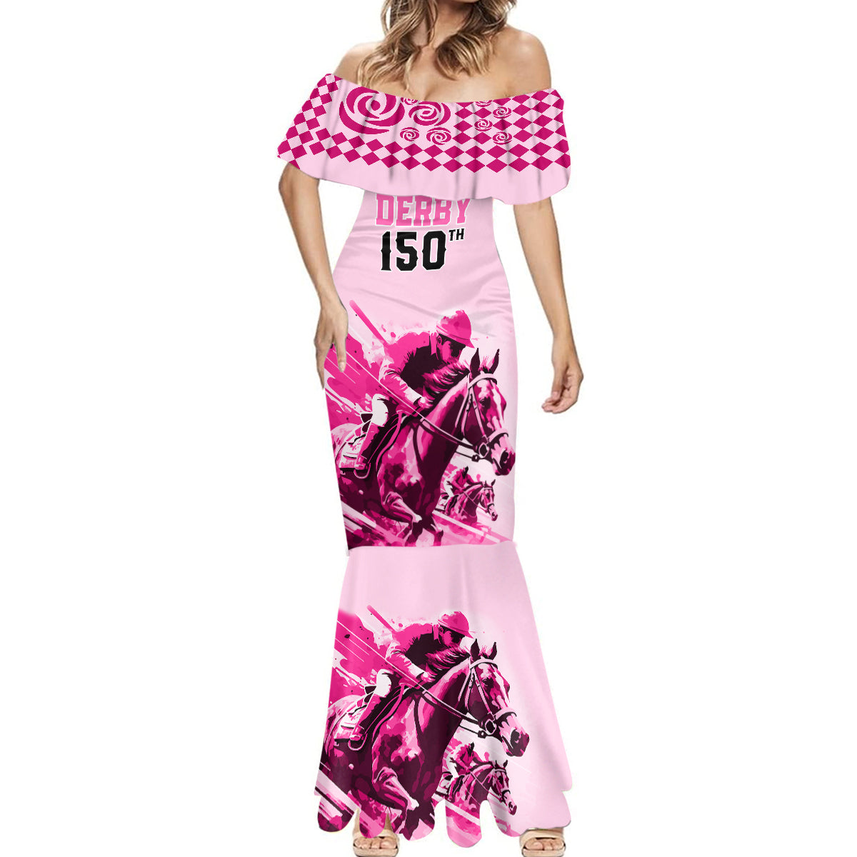 Personalised Kentucky Horse Racing Mermaid Dress 150th Anniversary Sporting Art Pink Version - Wonder Print Shop
