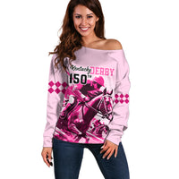 Personalised Kentucky Horse Racing Off Shoulder Sweater 150th Anniversary Sporting Art Pink Version - Wonder Print Shop