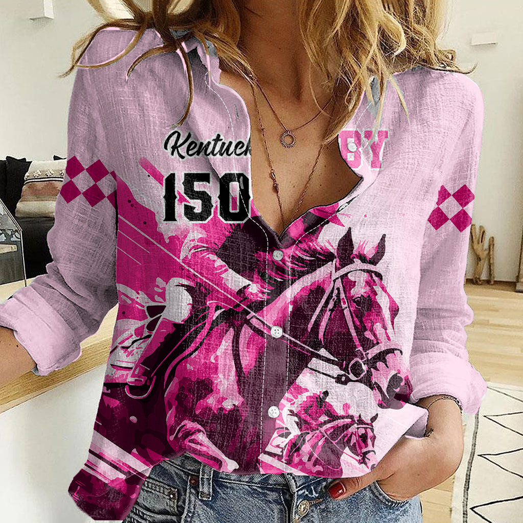 personalised-kentucky-horse-racing-women-casual-shirt-150th-anniversary-sporting-art-pink-version