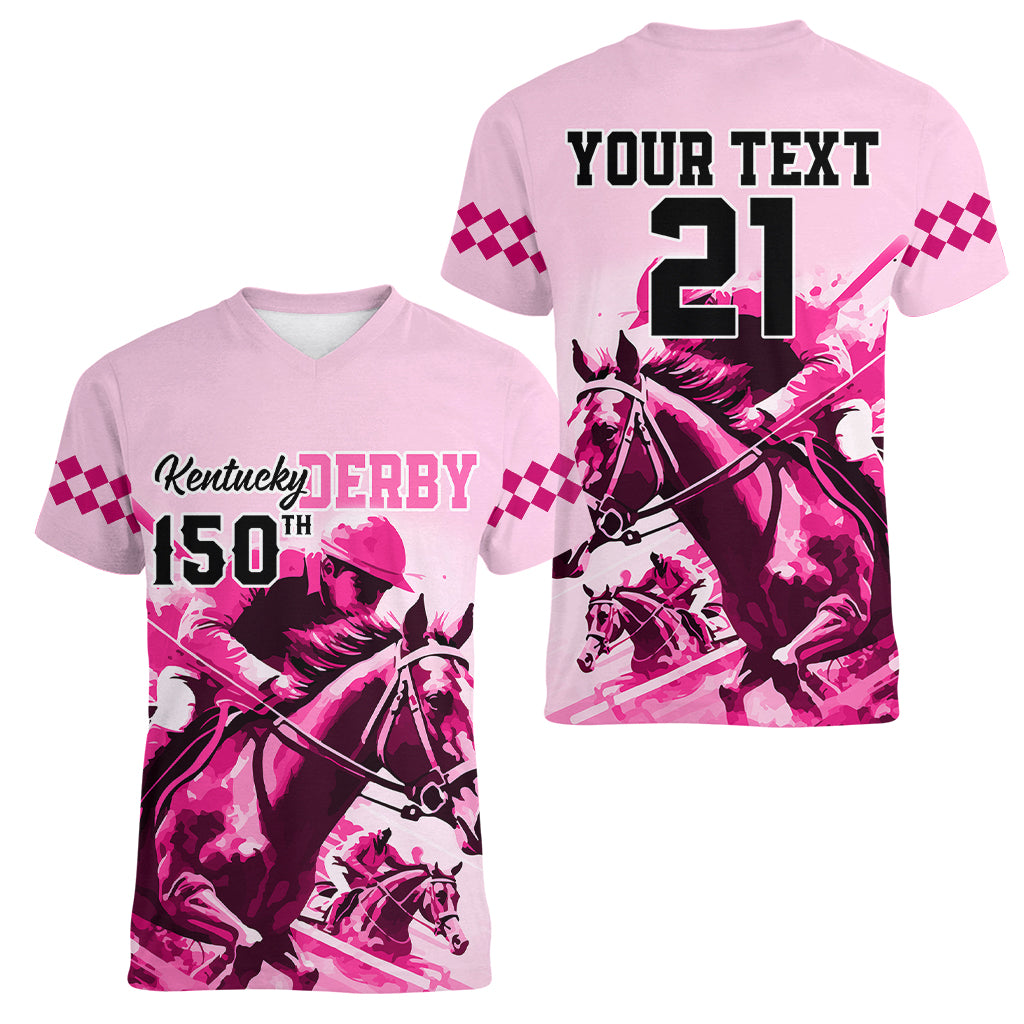 Personalised Kentucky Horse Racing Women V Neck T Shirt 150th Anniversary Sporting Art Pink Version - Wonder Print Shop