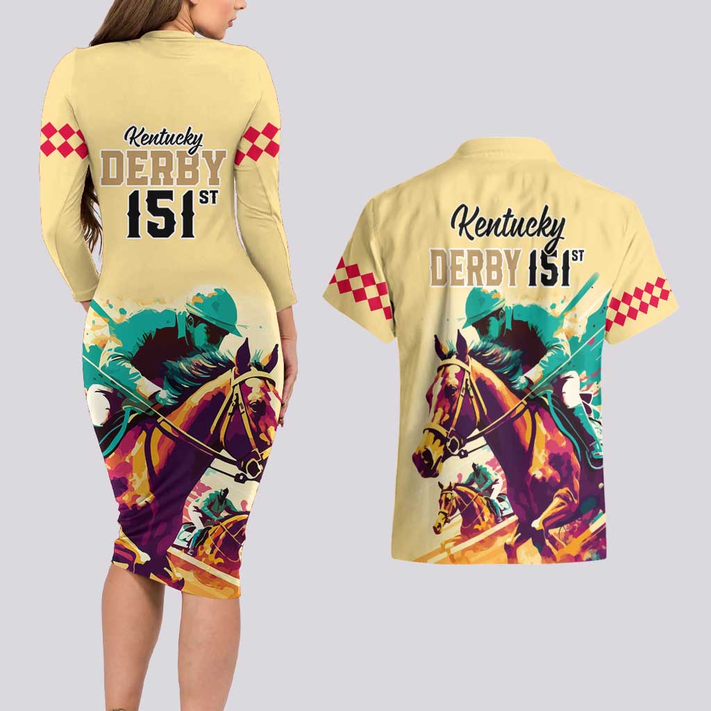 Kentucky Horse Racing Couples Matching Long Sleeve Bodycon Dress and Hawaiian Shirt 151st Anniversary Sporting Art Gold Version LT9