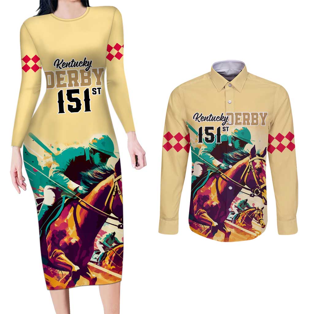 Kentucky Horse Racing Couples Matching Long Sleeve Bodycon Dress and Long Sleeve Button Shirts 151st Anniversary Sporting Art Gold Version LT9