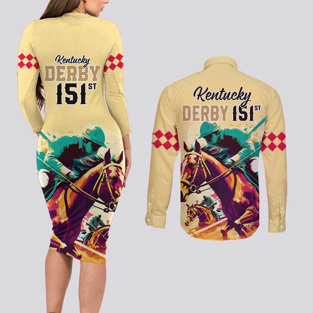 Kentucky Horse Racing Couples Matching Long Sleeve Bodycon Dress and Long Sleeve Button Shirts 151st Anniversary Sporting Art Gold Version LT9