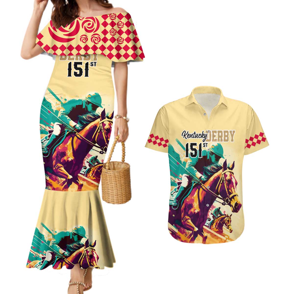 Kentucky Horse Racing Couples Matching Mermaid Dress and Hawaiian Shirt 151st Anniversary Sporting Art Gold Version LT9