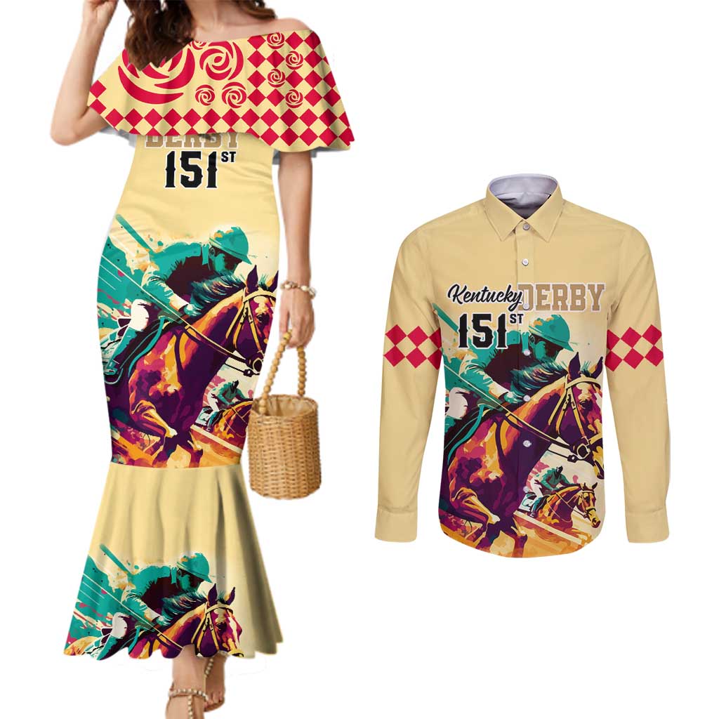 Kentucky Horse Racing Couples Matching Mermaid Dress and Long Sleeve Button Shirts 151st Anniversary Sporting Art Gold Version LT9