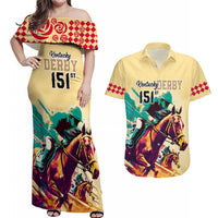 Kentucky Horse Racing Couples Matching Off Shoulder Maxi Dress and Hawaiian Shirt 151st Anniversary Sporting Art Gold Version LT9