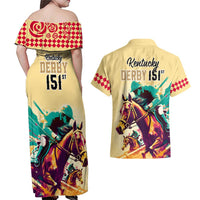 Kentucky Horse Racing Couples Matching Off Shoulder Maxi Dress and Hawaiian Shirt 151st Anniversary Sporting Art Gold Version LT9