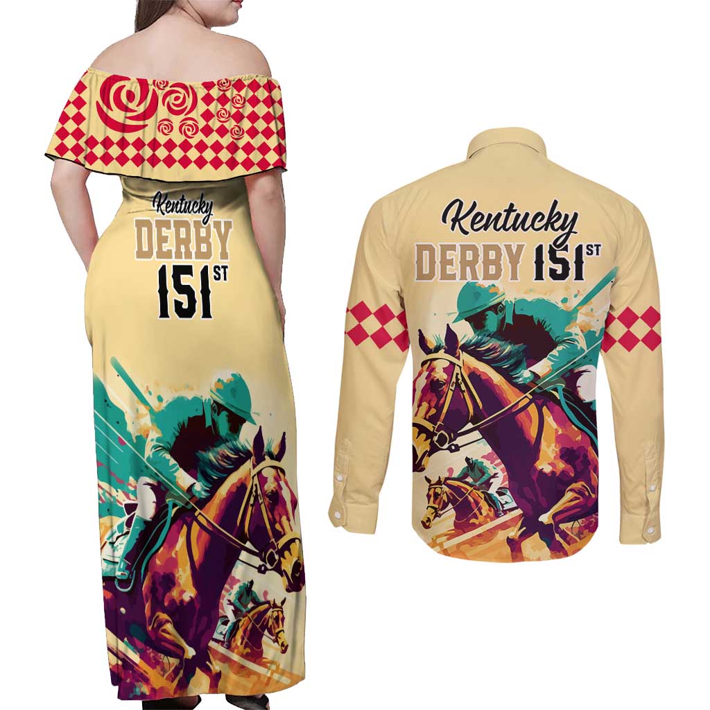 Kentucky Horse Racing Couples Matching Off Shoulder Maxi Dress and Long Sleeve Button Shirts 151st Anniversary Sporting Art Gold Version LT9
