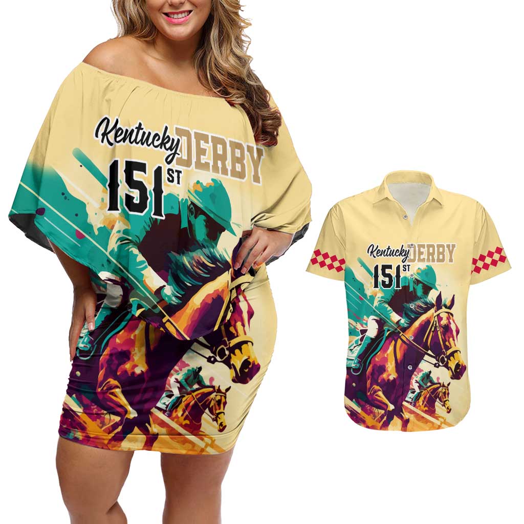 Kentucky Horse Racing Couples Matching Off Shoulder Short Dress and Hawaiian Shirt 151st Anniversary Sporting Art Gold Version LT9