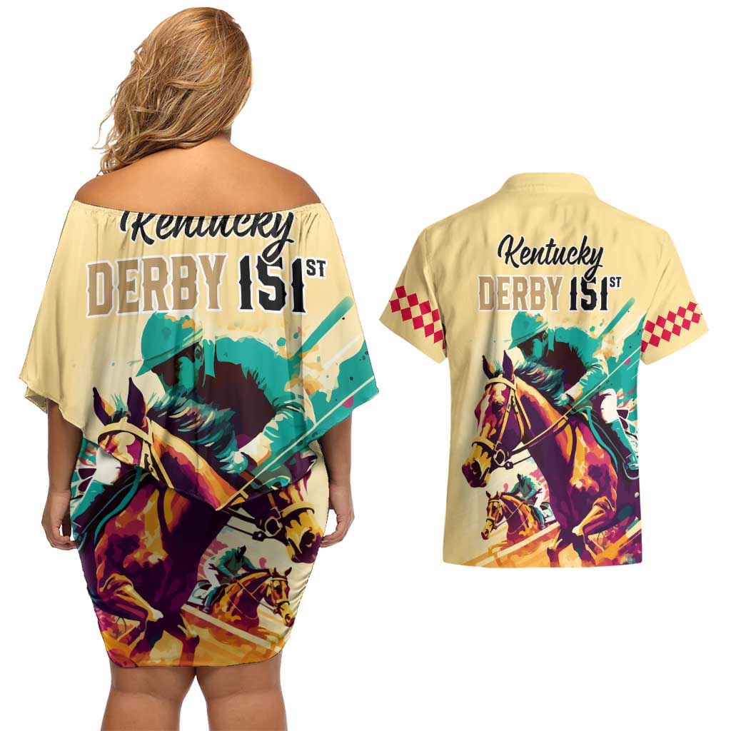 Kentucky Horse Racing Couples Matching Off Shoulder Short Dress and Hawaiian Shirt 151st Anniversary Sporting Art Gold Version LT9