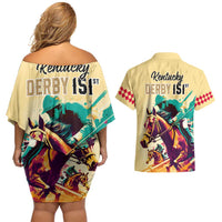 Kentucky Horse Racing Couples Matching Off Shoulder Short Dress and Hawaiian Shirt 151st Anniversary Sporting Art Gold Version LT9