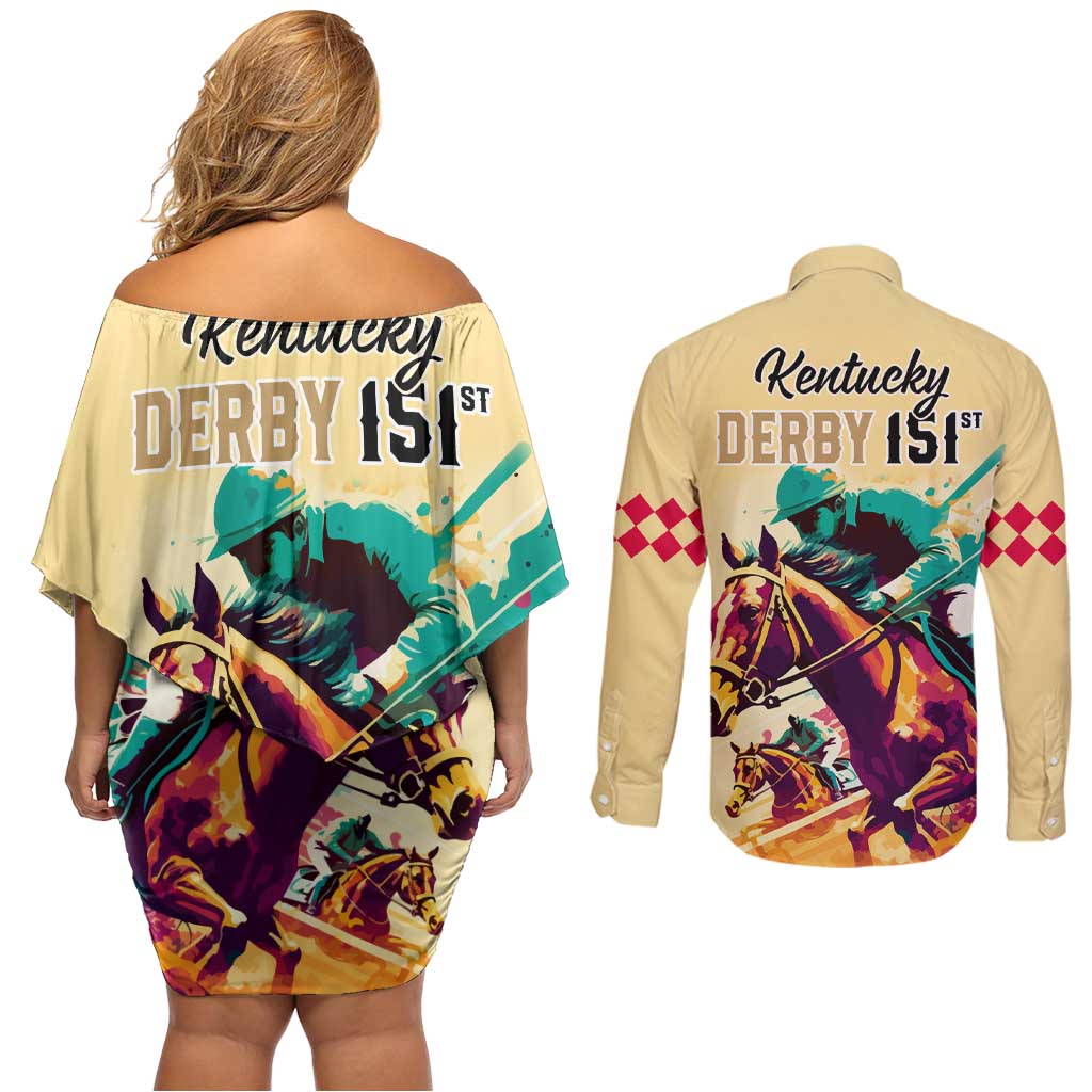 Kentucky Horse Racing Couples Matching Off Shoulder Short Dress and Long Sleeve Button Shirts 151st Anniversary Sporting Art Gold Version LT9
