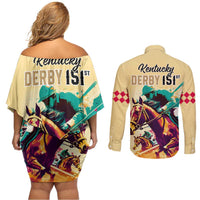 Kentucky Horse Racing Couples Matching Off Shoulder Short Dress and Long Sleeve Button Shirts 151st Anniversary Sporting Art Gold Version LT9
