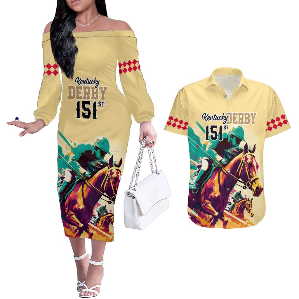 Kentucky Horse Racing Couples Matching Off The Shoulder Long Sleeve Dress and Hawaiian Shirt 151st Anniversary Sporting Art Gold Version LT9