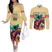 Kentucky Horse Racing Couples Matching Off The Shoulder Long Sleeve Dress and Long Sleeve Button Shirts 151st Anniversary Sporting Art Gold Version LT9
