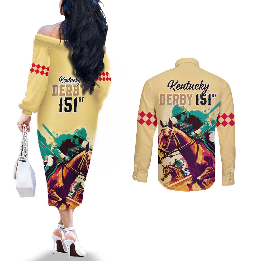 Kentucky Horse Racing Couples Matching Off The Shoulder Long Sleeve Dress and Long Sleeve Button Shirts 151st Anniversary Sporting Art Gold Version LT9