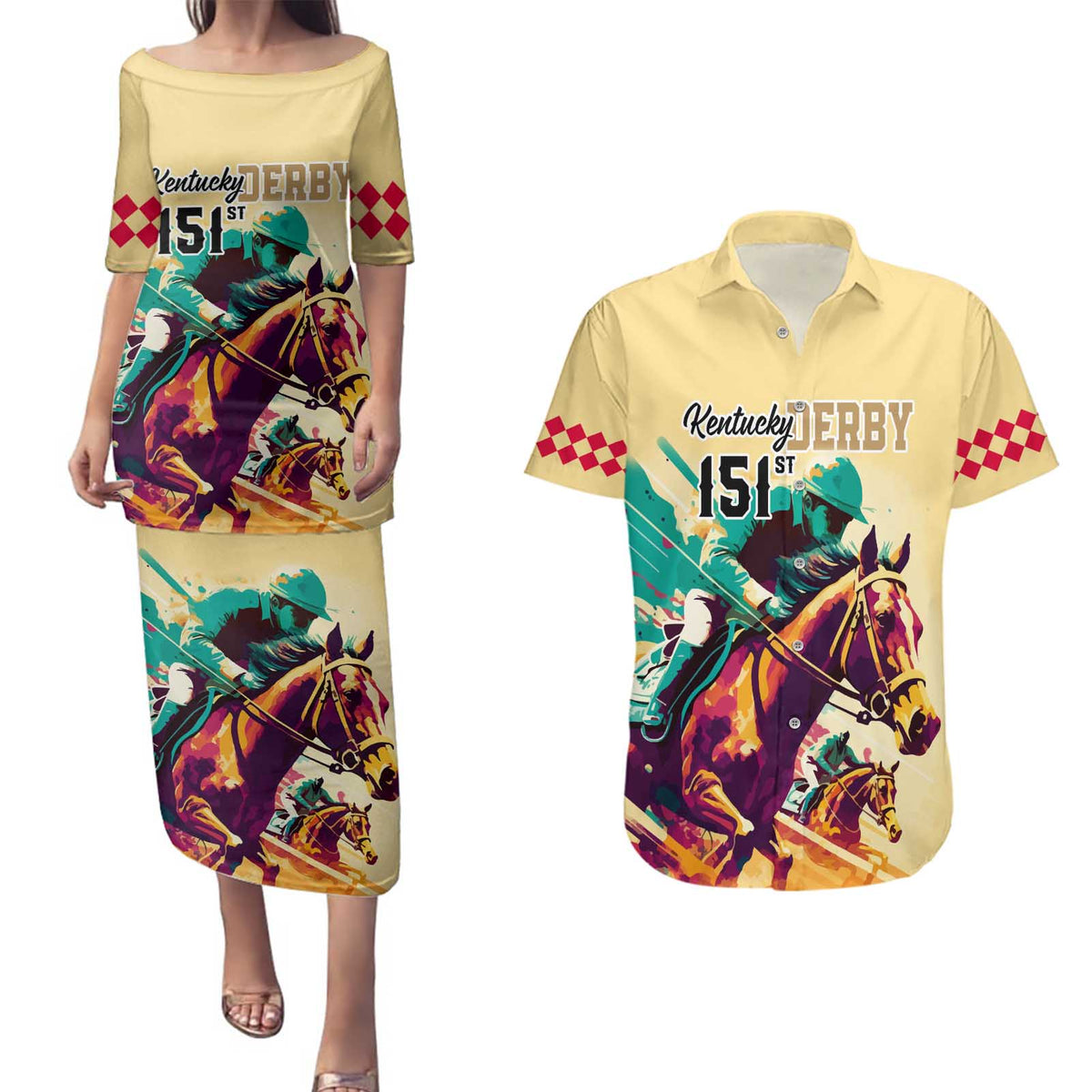 Kentucky Horse Racing Couples Matching Puletasi Dress and Hawaiian Shirt 151st Anniversary Sporting Art Gold Version LT9
