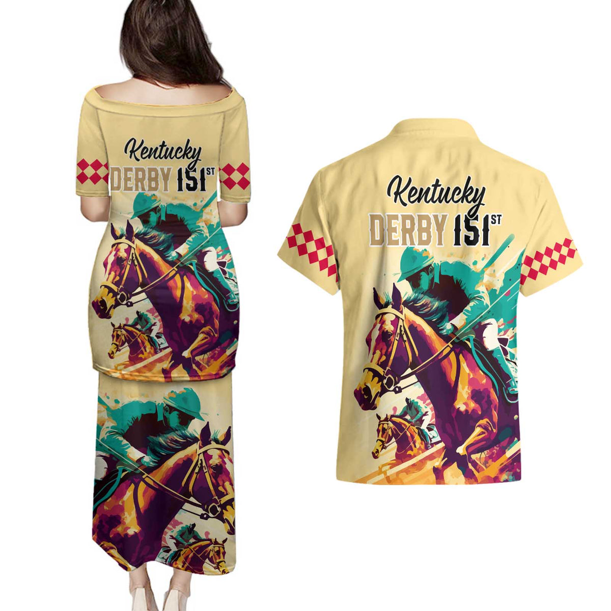 Kentucky Horse Racing Couples Matching Puletasi Dress and Hawaiian Shirt 151st Anniversary Sporting Art Gold Version LT9