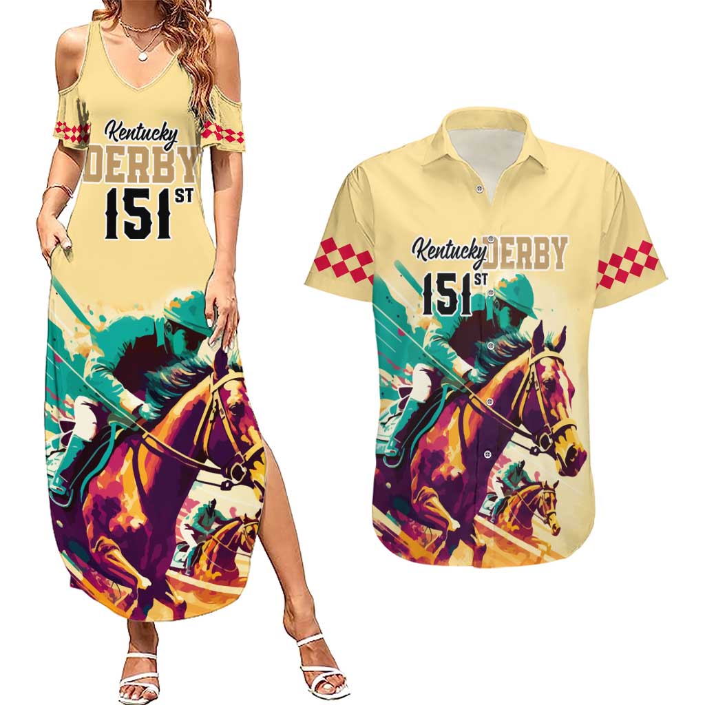Kentucky Horse Racing Couples Matching Summer Maxi Dress and Hawaiian Shirt 151st Anniversary Sporting Art Gold Version LT9