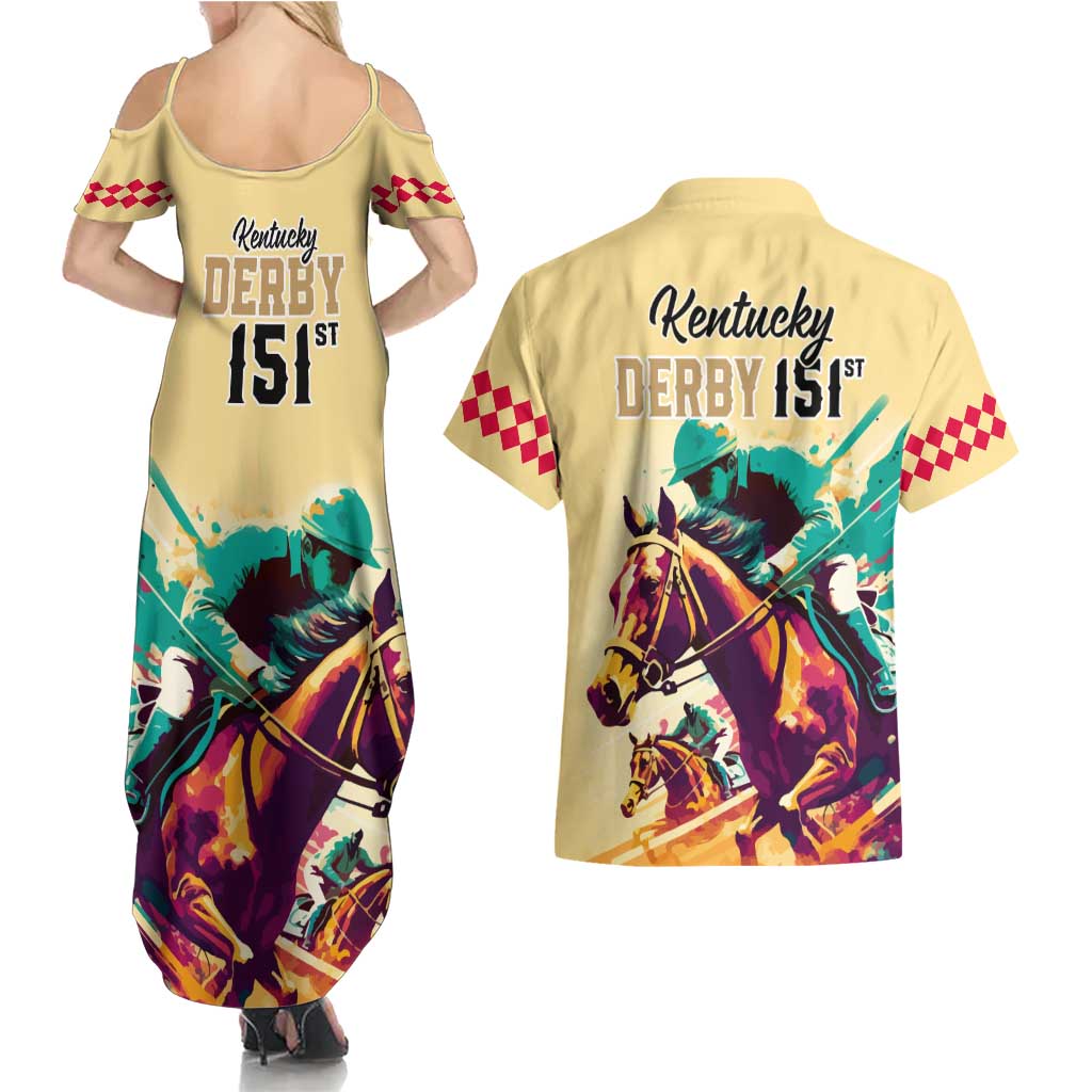 Kentucky Horse Racing Couples Matching Summer Maxi Dress and Hawaiian Shirt 151st Anniversary Sporting Art Gold Version LT9