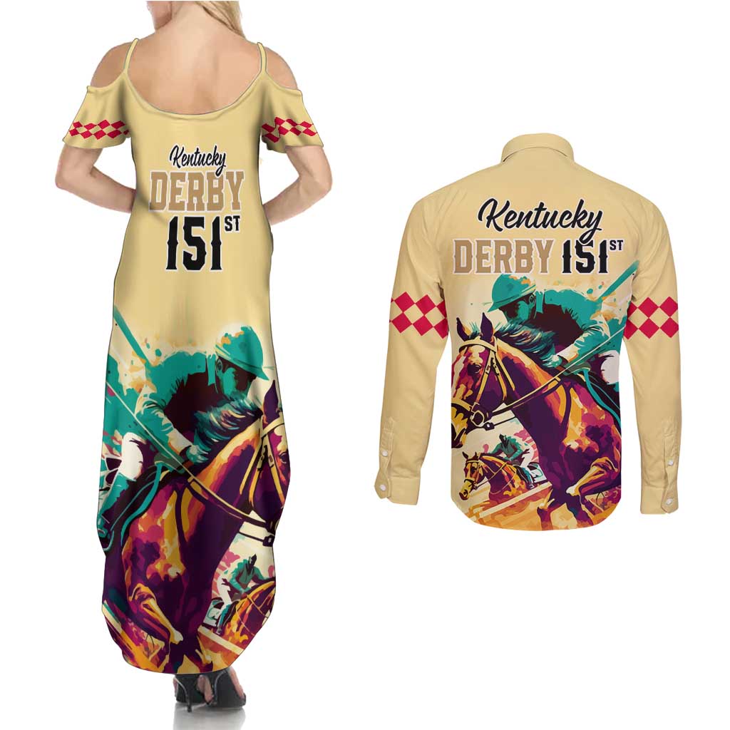 Kentucky Horse Racing Couples Matching Summer Maxi Dress and Long Sleeve Button Shirts 151st Anniversary Sporting Art Gold Version LT9