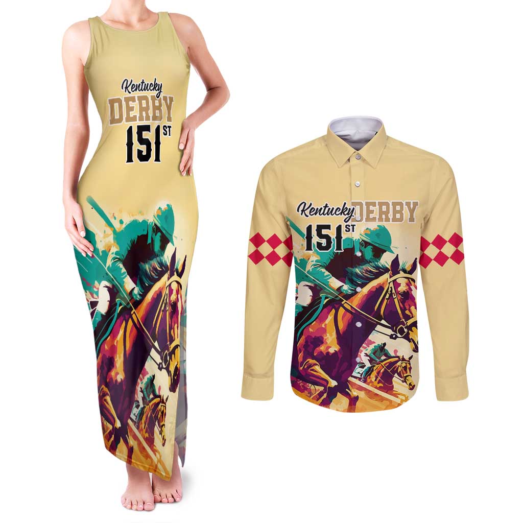 Kentucky Horse Racing Couples Matching Tank Maxi Dress and Long Sleeve Button Shirts 151st Anniversary Sporting Art Gold Version LT9