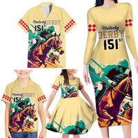 Kentucky Horse Racing Family Matching Long Sleeve Bodycon Dress and Hawaiian Shirt 151st Anniversary Sporting Art Gold Version LT9