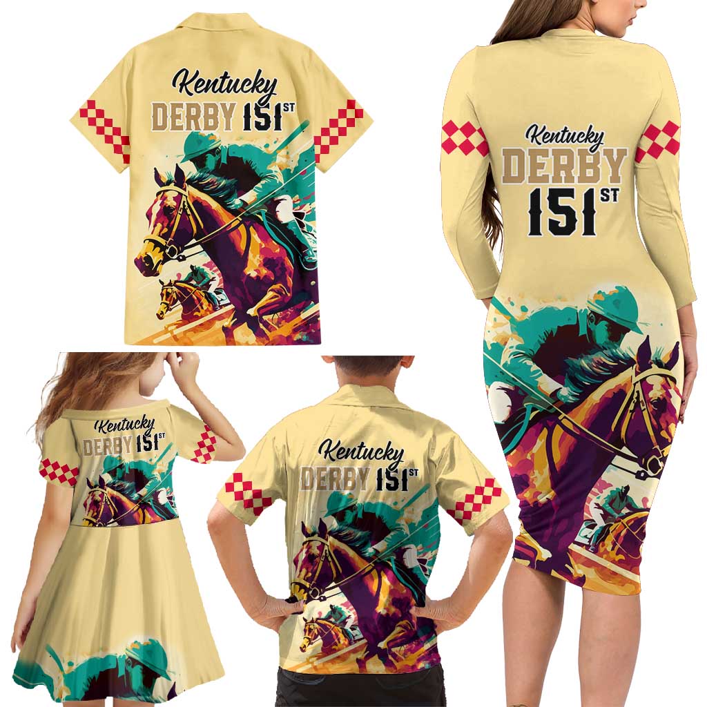 Kentucky Horse Racing Family Matching Long Sleeve Bodycon Dress and Hawaiian Shirt 151st Anniversary Sporting Art Gold Version LT9