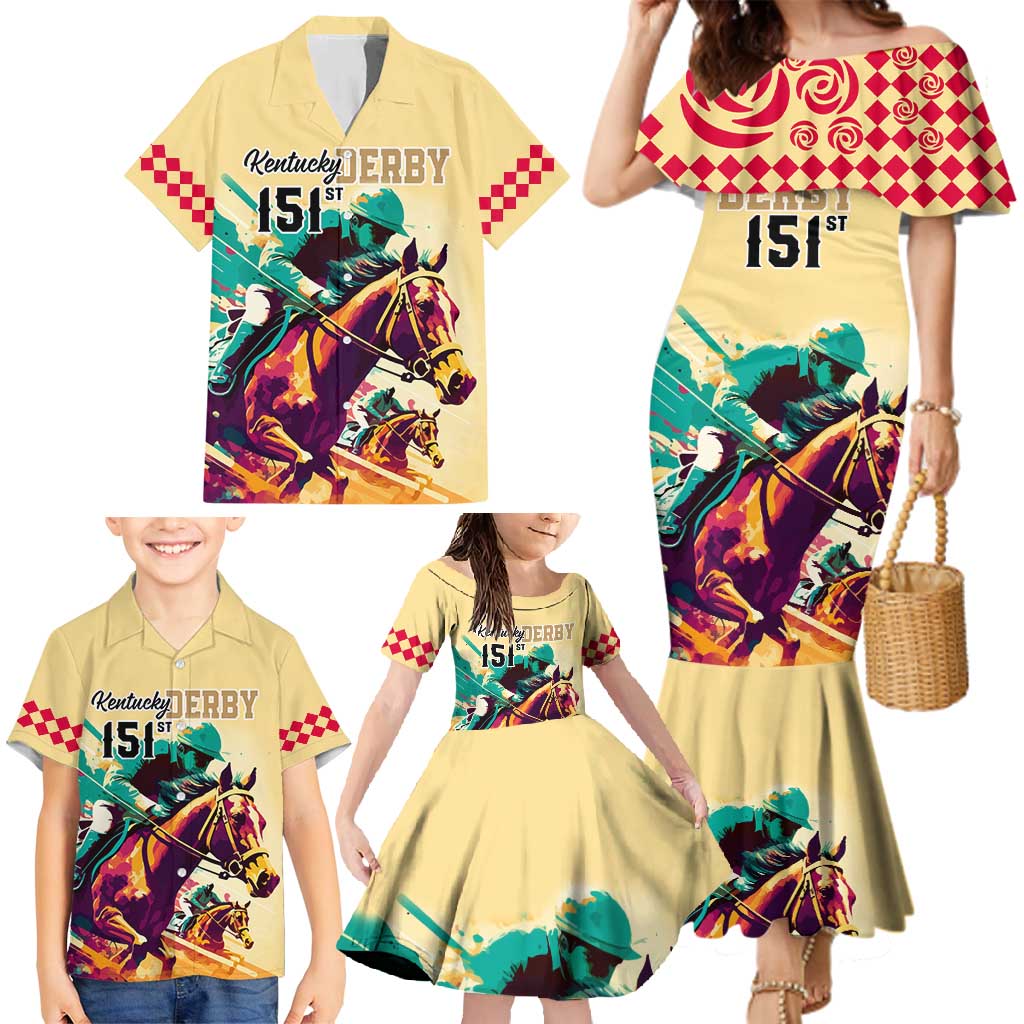 Kentucky Horse Racing Family Matching Mermaid Dress and Hawaiian Shirt 151st Anniversary Sporting Art Gold Version LT9