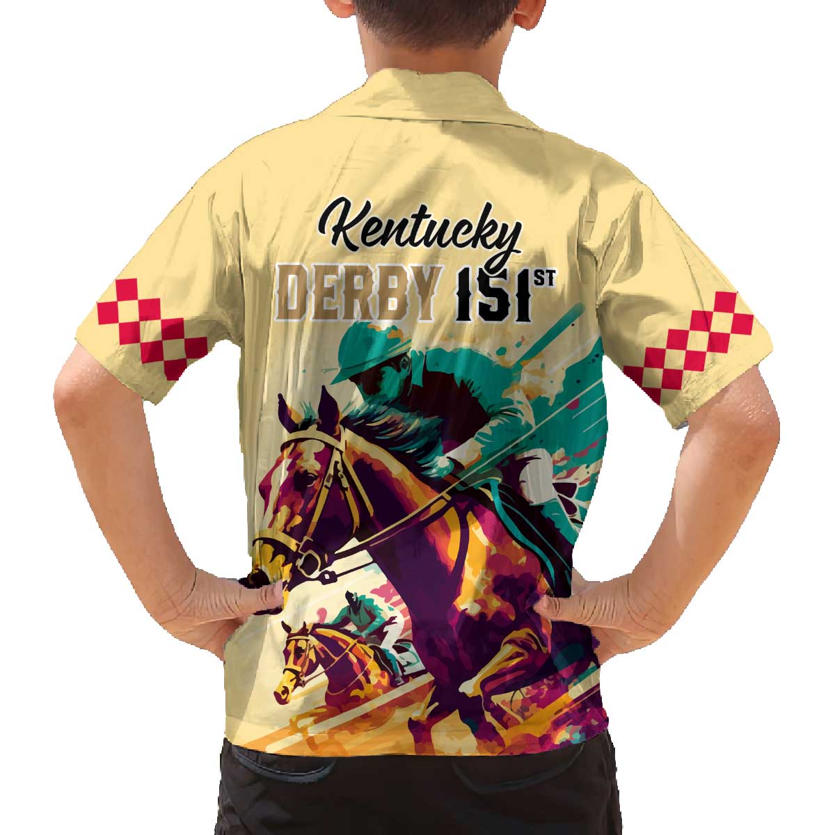 Kentucky Horse Racing Family Matching Off Shoulder Long Sleeve Dress and Hawaiian Shirt 151st Anniversary Sporting Art Gold Version LT9