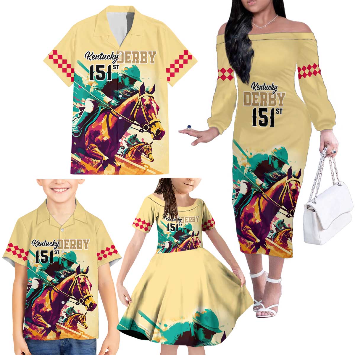 Kentucky Horse Racing Family Matching Off Shoulder Long Sleeve Dress and Hawaiian Shirt 151st Anniversary Sporting Art Gold Version LT9