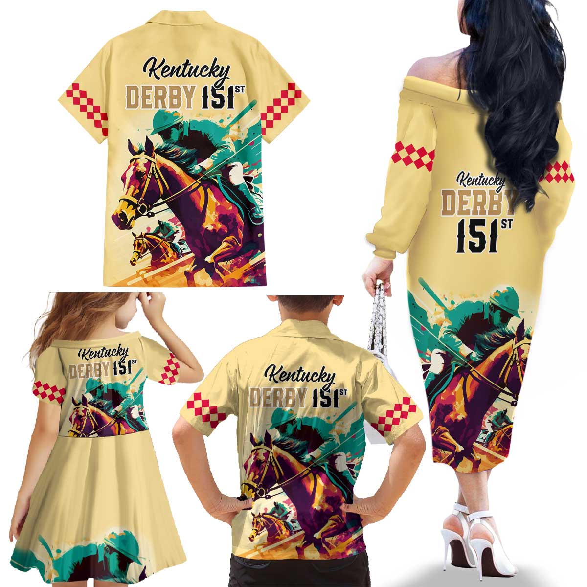 Kentucky Horse Racing Family Matching Off Shoulder Long Sleeve Dress and Hawaiian Shirt 151st Anniversary Sporting Art Gold Version LT9