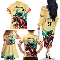Kentucky Horse Racing Family Matching Off Shoulder Long Sleeve Dress and Hawaiian Shirt 151st Anniversary Sporting Art Gold Version LT9