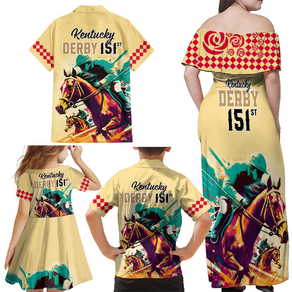 Kentucky Horse Racing Family Matching Off Shoulder Maxi Dress and Hawaiian Shirt 151st Anniversary Sporting Art Gold Version LT9