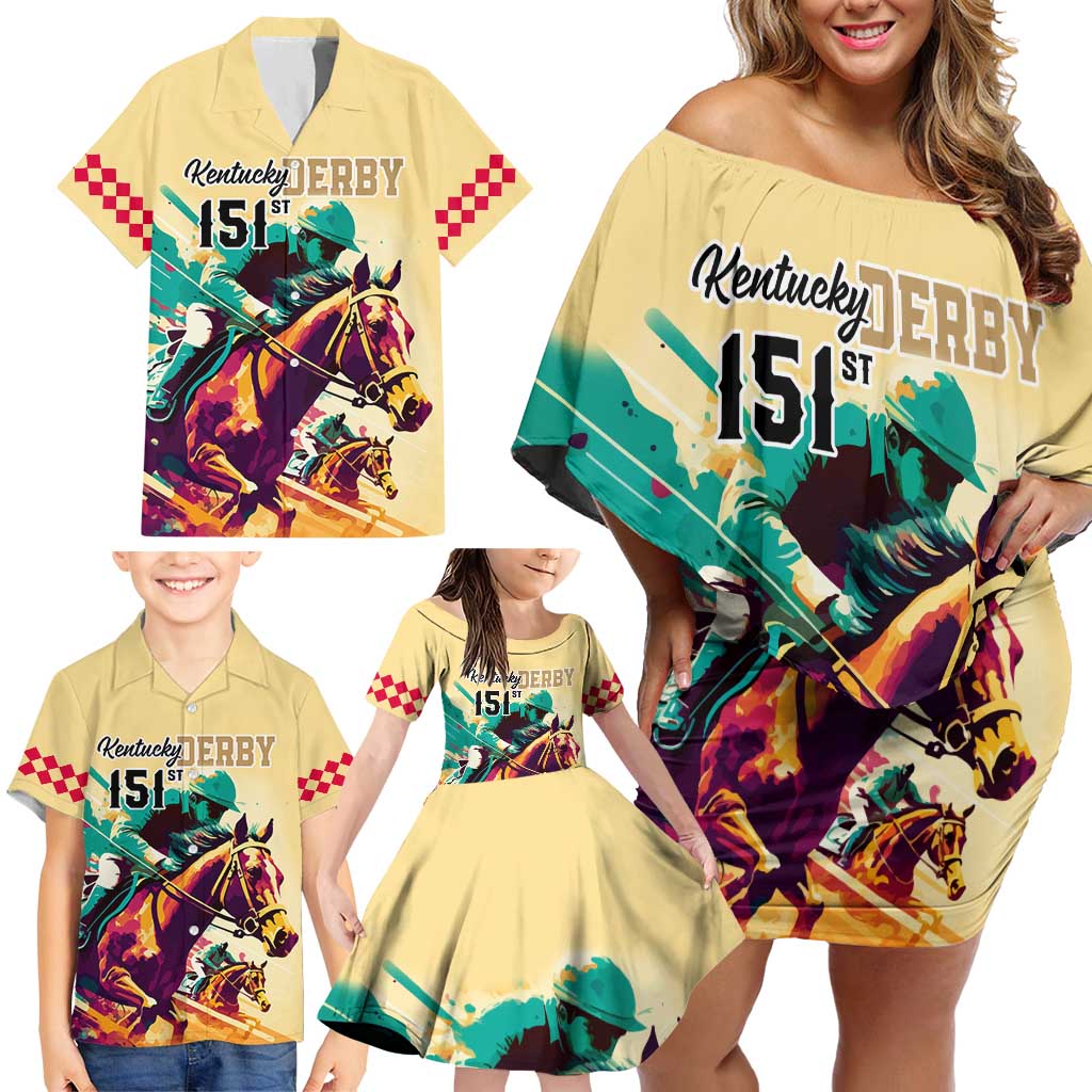 Kentucky Horse Racing Family Matching Off Shoulder Short Dress and Hawaiian Shirt 151st Anniversary Sporting Art Gold Version LT9