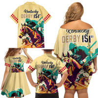 Kentucky Horse Racing Family Matching Off Shoulder Short Dress and Hawaiian Shirt 151st Anniversary Sporting Art Gold Version LT9