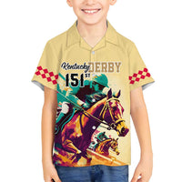 Kentucky Horse Racing Family Matching Off Shoulder Short Dress and Hawaiian Shirt 151st Anniversary Sporting Art Gold Version LT9