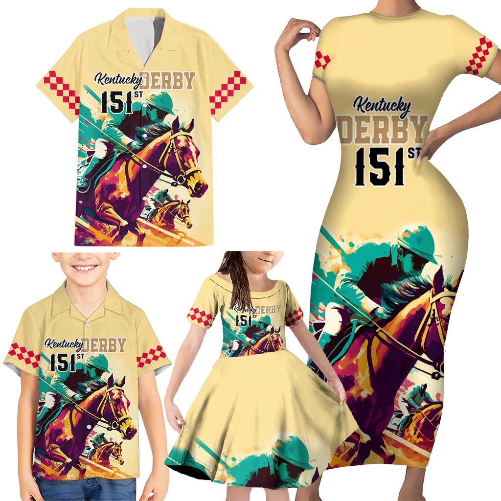 Kentucky Horse Racing Family Matching Short Sleeve Bodycon Dress and Hawaiian Shirt 151st Anniversary Sporting Art Gold Version LT9