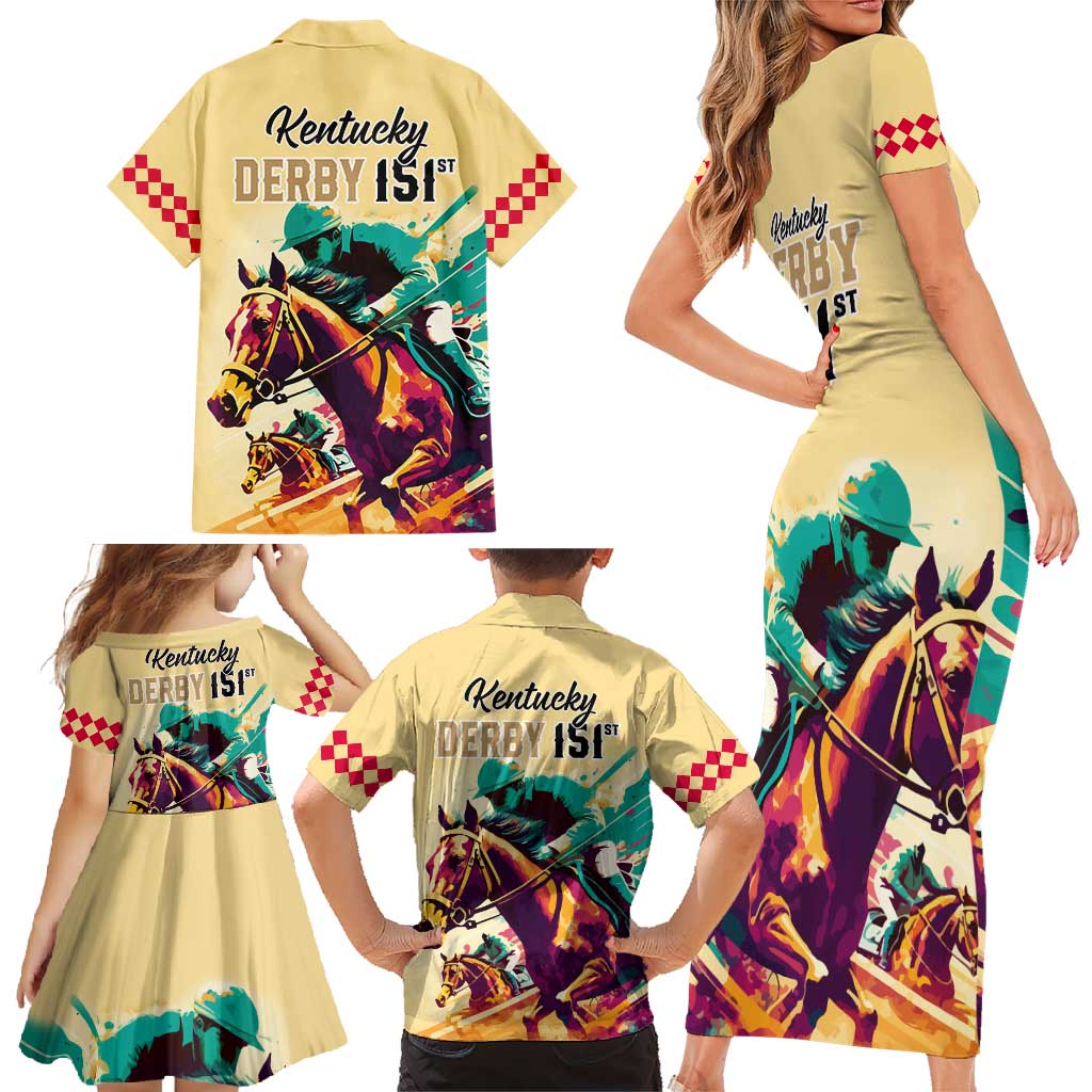 Kentucky Horse Racing Family Matching Short Sleeve Bodycon Dress and Hawaiian Shirt 151st Anniversary Sporting Art Gold Version LT9
