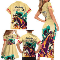 Kentucky Horse Racing Family Matching Short Sleeve Bodycon Dress and Hawaiian Shirt 151st Anniversary Sporting Art Gold Version LT9