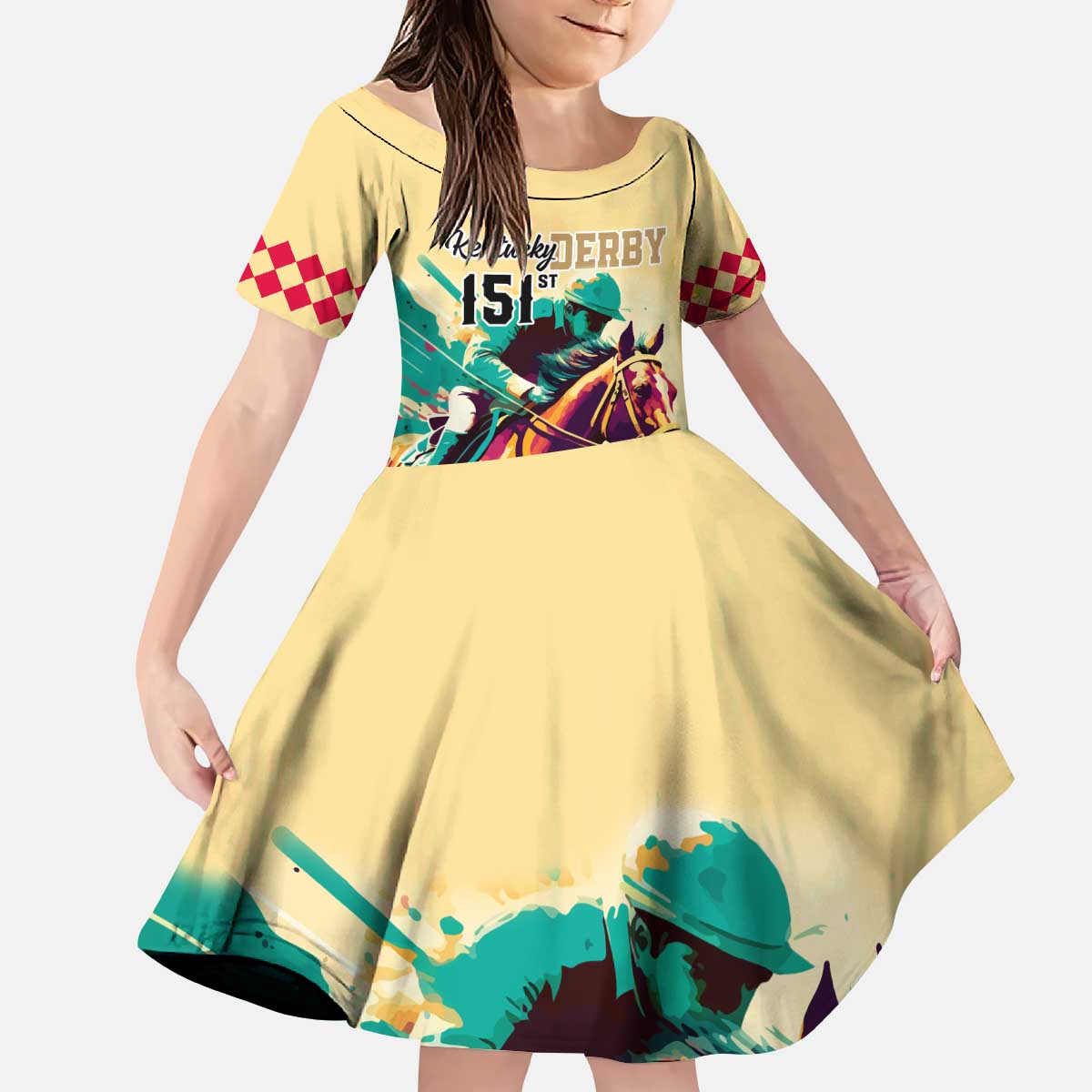 Kentucky Horse Racing Kid Short Sleeve Dress 151st Anniversary Sporting Art Gold Version LT9
