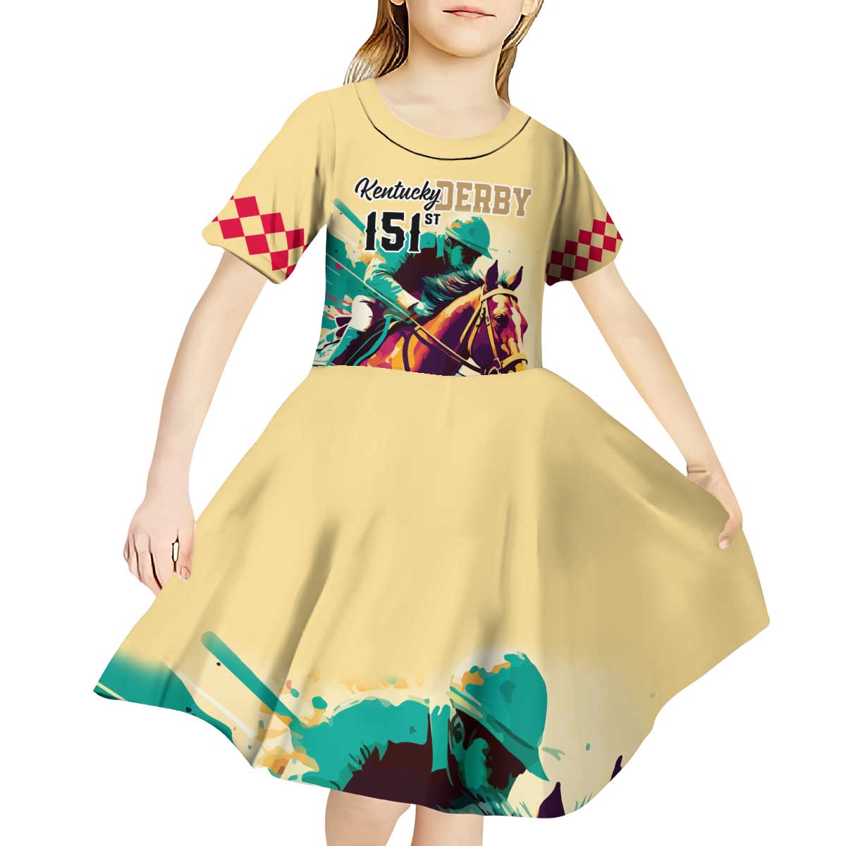 Kentucky Horse Racing Kid Short Sleeve Dress 151st Anniversary Sporting Art Gold Version LT9