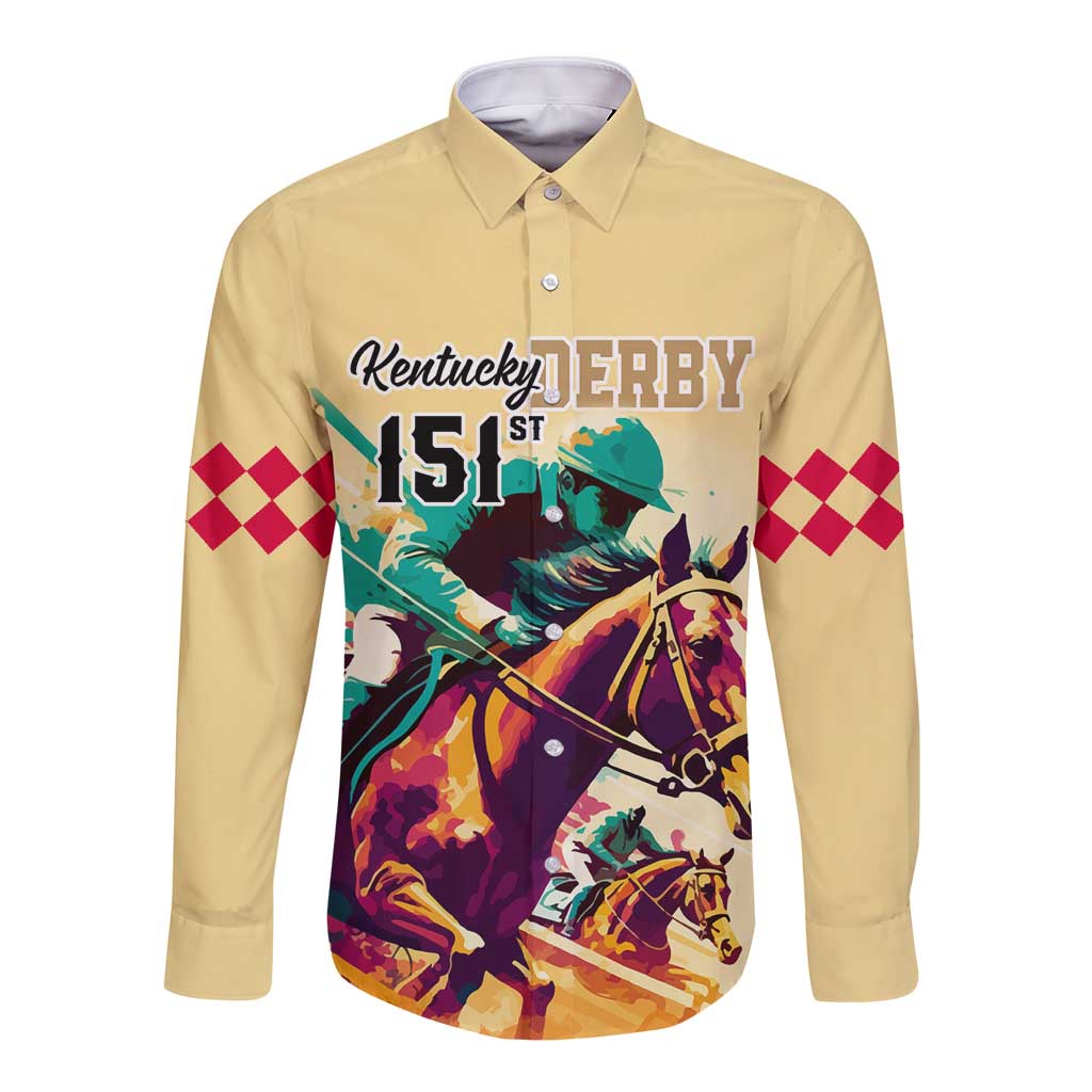 Kentucky Horse Racing Long Sleeve Button Shirt 151st Anniversary Sporting Art Gold Version LT9