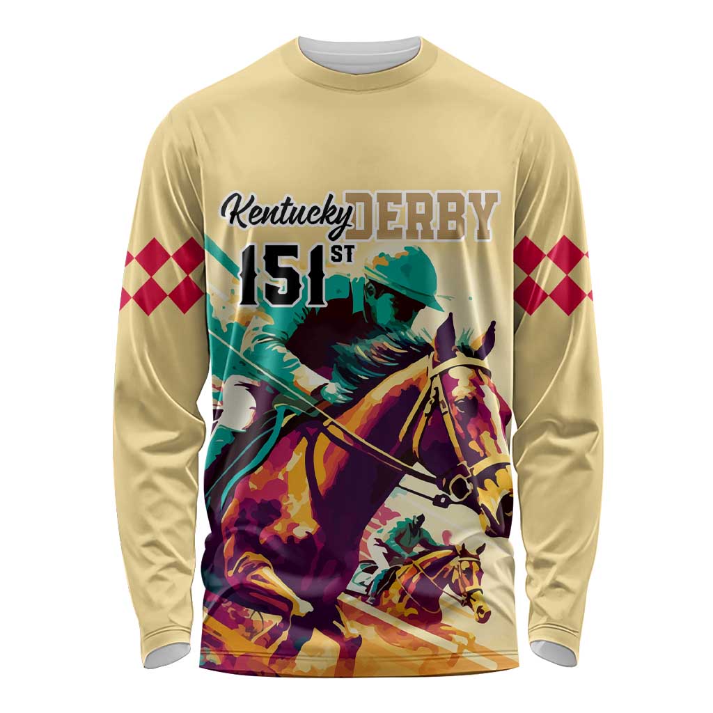 Kentucky Horse Racing Long Sleeve Shirt 151st Anniversary Sporting Art Gold Version LT9