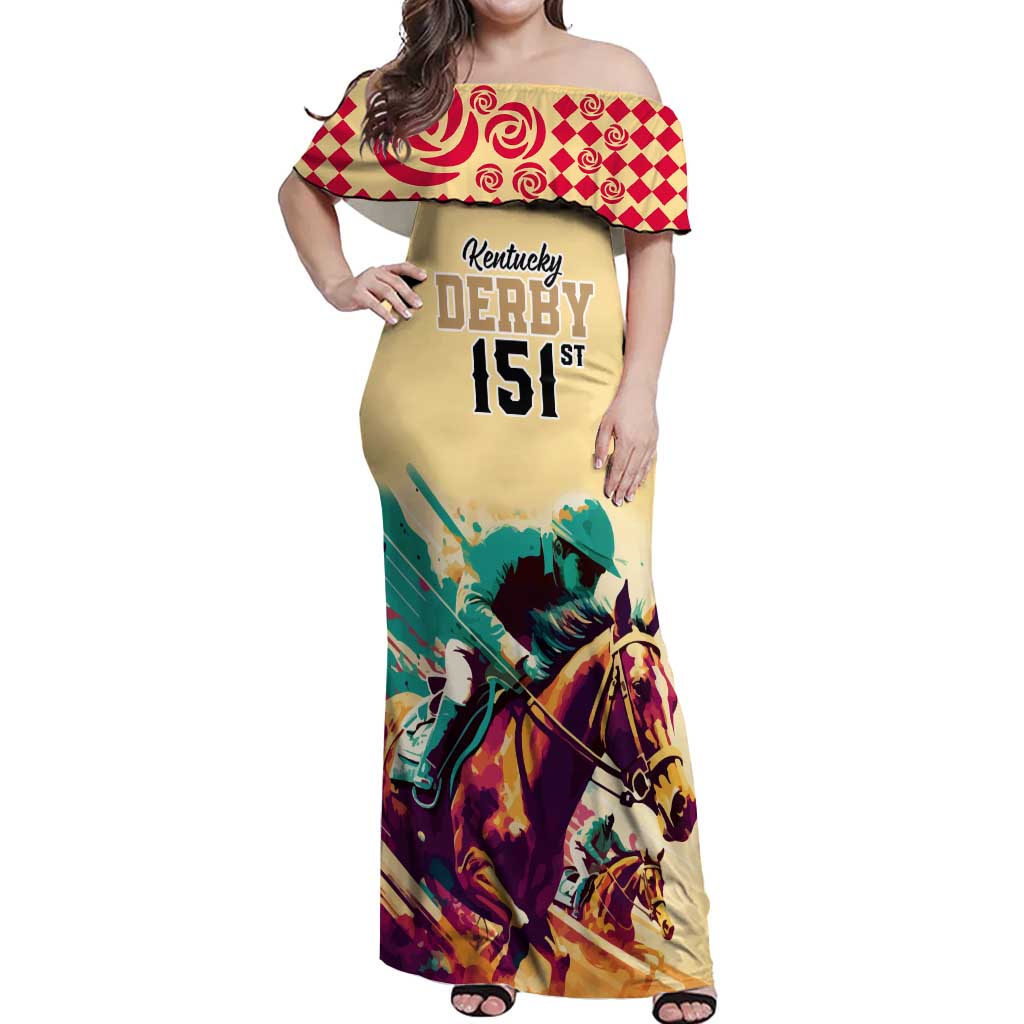 Kentucky Horse Racing Off Shoulder Maxi Dress 151st Anniversary Sporting Art Gold Version LT9
