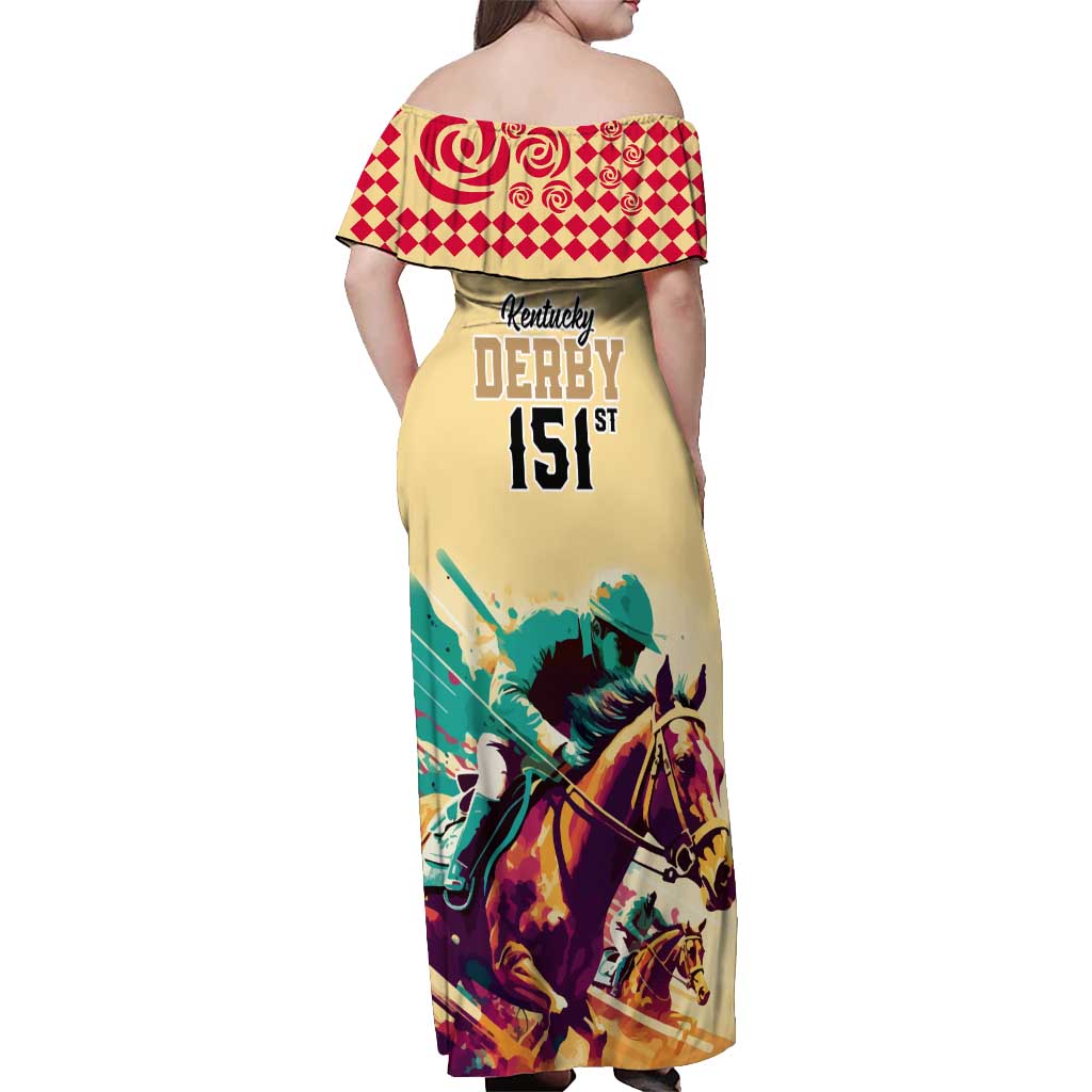 Kentucky Horse Racing Off Shoulder Maxi Dress 151st Anniversary Sporting Art Gold Version LT9