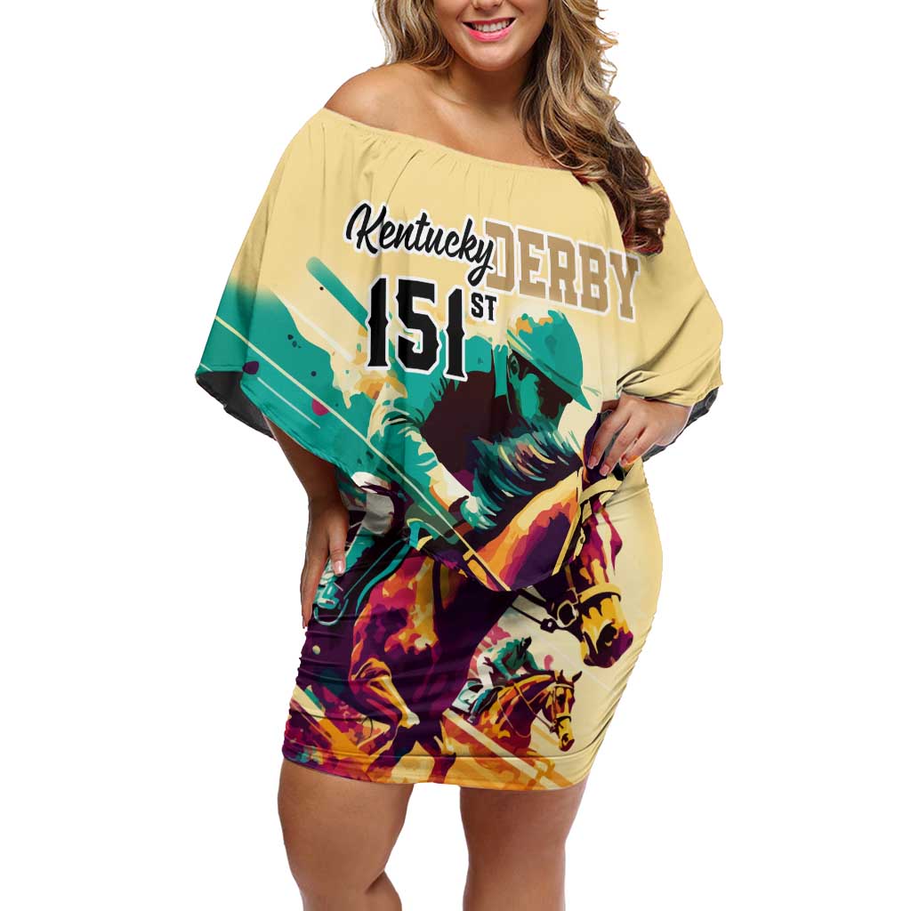 Kentucky Horse Racing Off Shoulder Short Dress 151st Anniversary Sporting Art Gold Version LT9