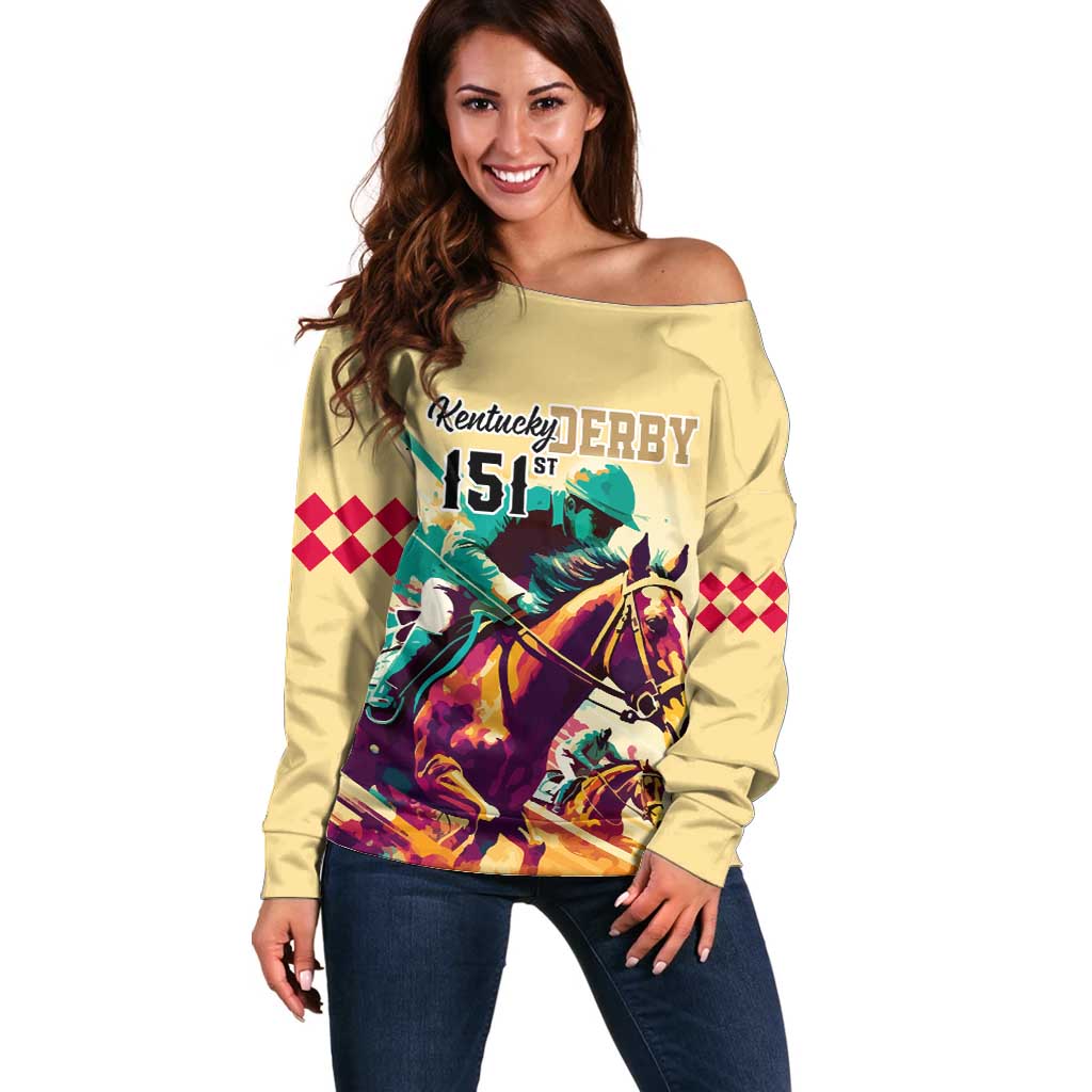 Kentucky Horse Racing Off Shoulder Sweater 151st Anniversary Sporting Art Gold Version LT9
