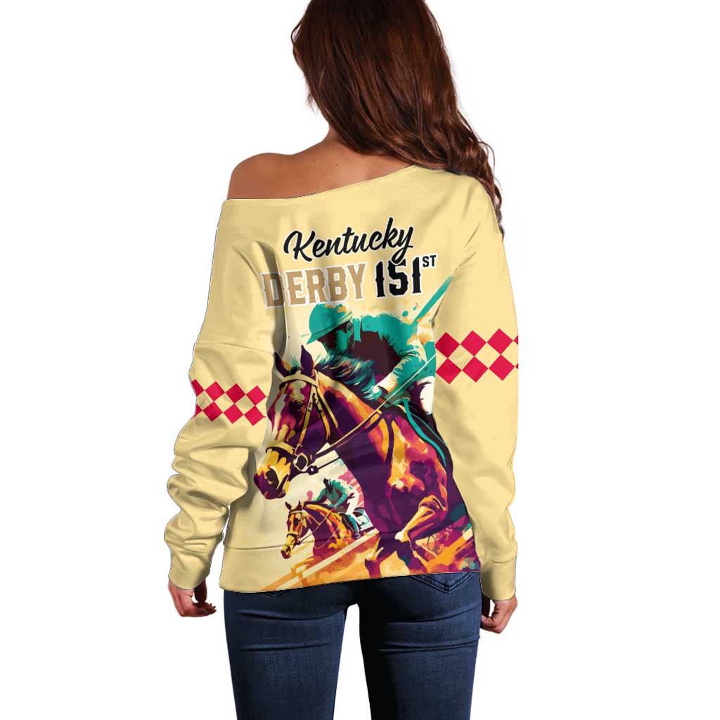 Kentucky Horse Racing Off Shoulder Sweater 151st Anniversary Sporting Art Gold Version LT9